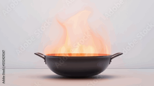 A digital rendering of a dark-colored wok, round-bottomed pan with two handles, engulfed in bright orange and yellow flames. The background is a plain, light gray, providing a stark contrast to the