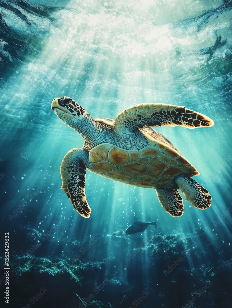 Obraz premium Swimming Sea Turtle Under Ocean Sunbeams Explores Underwater World