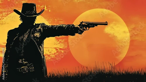 Cowboy Western Animation Vector Illustration of Wild West Gunfight with Sheriff Outlaw and Desert Elements