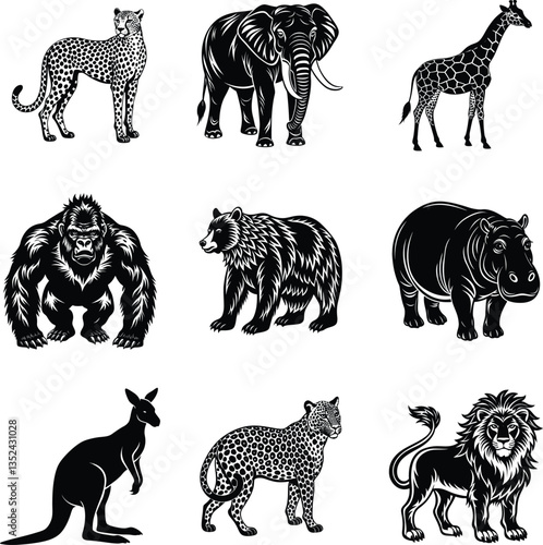 set of wild animals silhouette vector