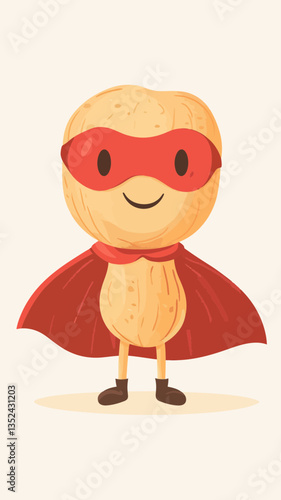 Cartoon Peanut Superhero Character in Red Cape and Mask - Fun Vegan Food Concept