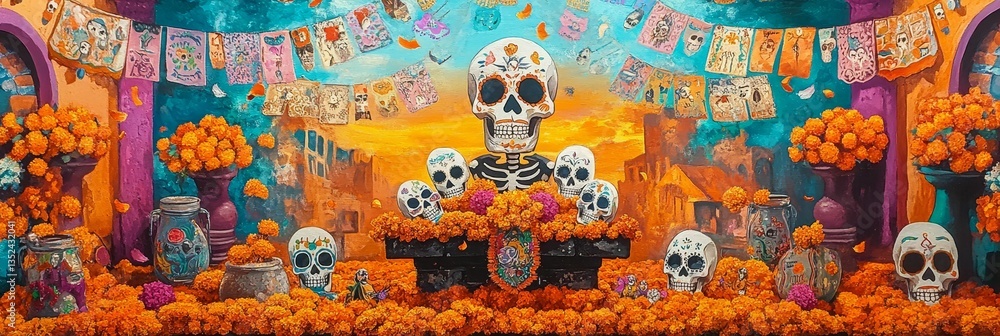 Obraz premium Day of the Dead vibrant skull celebration