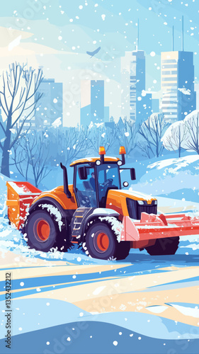 Winter Snow Removal Trucks Clearing Paths in Park Vector Illustration