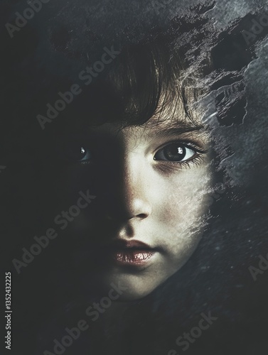 Child Portrait Half in Shadow with Dramatic Lighting and Moody Texture