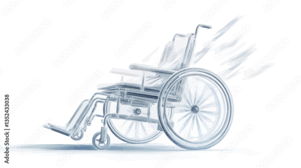 Fototapeta premium A digital illustration depicting a wheelchair in a stylized, technical drawing format. The wheelchair is rendered in shades of light gray on a white background. The lines are clean and precise,