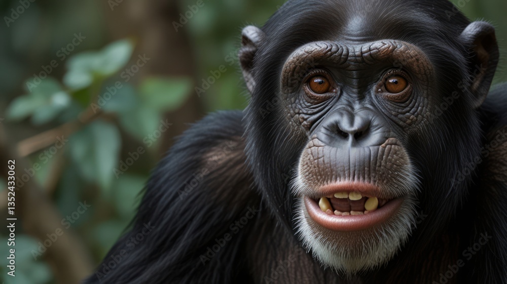 Black primate shows its teeth in nature, with its brown eyes looking forward Black primate shows its teeth in nature, with its brown eyes looking forward