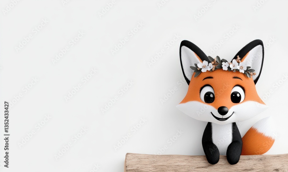 Fototapeta premium Cute cartoon fox figure with a floral crown sitting on a wooden shelf against a minimalist white background, perfect for children's decor and playful themes