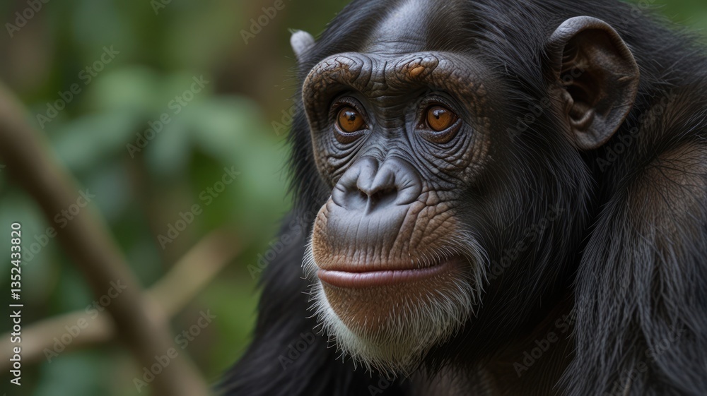 Detailed close-up of a thoughtful chimpanzee, with soft eyes, against a green, blurred forest backdrop Detailed close-up of a thoughtful chimpanzee, with soft eyes, against a green, blurred forest backdrop