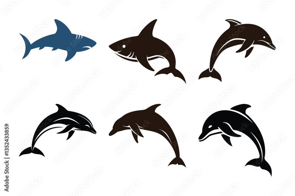 Naklejka premium Color Variants in Shark and Dolphin Silhouettes – A Graphic Perspective