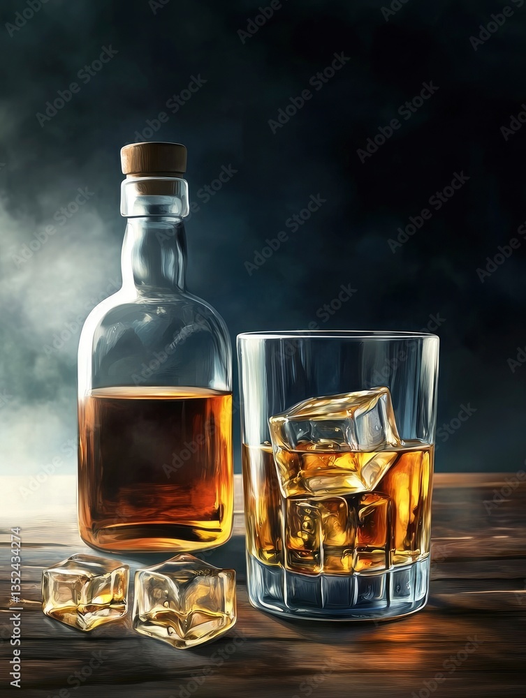 Whiskey Still Life with Ice Cubes and Bottle on Rustic Table Whiskey Still Life with Ice Cubes and Bottle on Rustic Table