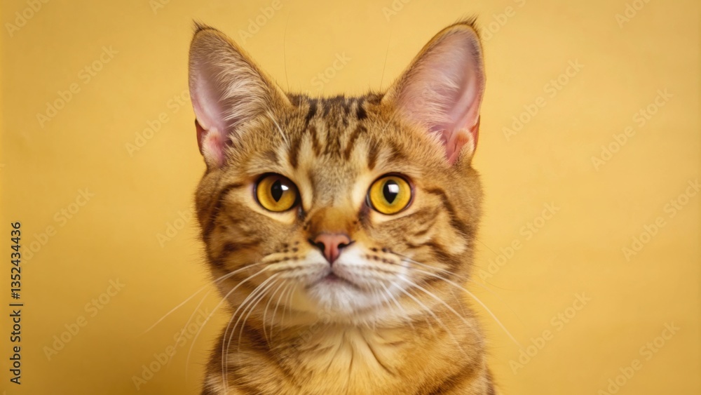 A close-up of a curious tabby cat with golden fur and bright yellow eyes, set against a warm yellow background. A close-up of a curious tabby cat with golden fur and bright yellow eyes, set against a warm yellow background.