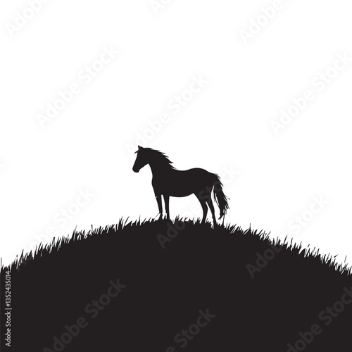 beautiful black silhouette of a horse standing in the distance on a hillock with grass on a white background, vector, graphics
