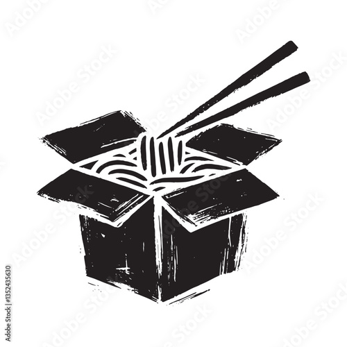 Minimalist hand-drawn wok noodles box icon with bold black brushstrokes