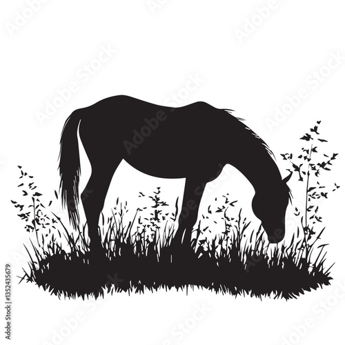 beautiful black silhouette of a horse with a mane that eats grass on a white background, vector, graphics
