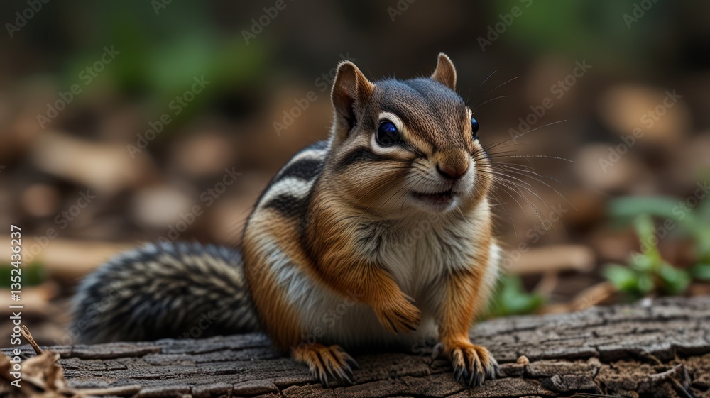 A cute chipmunk with brown, black and white fur sits on a log, gazing directly at the viewer A cute chipmunk with brown, black and white fur sits on a log, gazing directly at the viewer