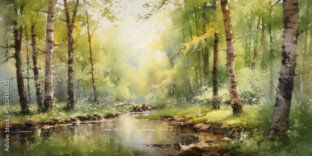 Fototapeta premium A serene forest landscape featuring a gentle stream flowing through lush greenery, with sunlight filtering through the trees, creating a peaceful atmosphere ideal for relaxation and nature appreciatt