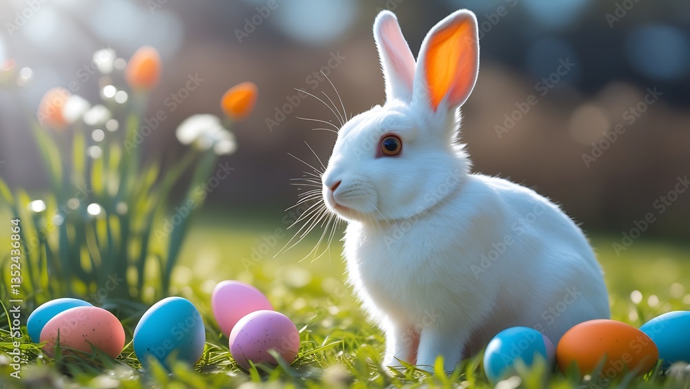 Fototapeta premium A white rabbit sits in green grass surrounded by vibrant, colorful Easter eggs