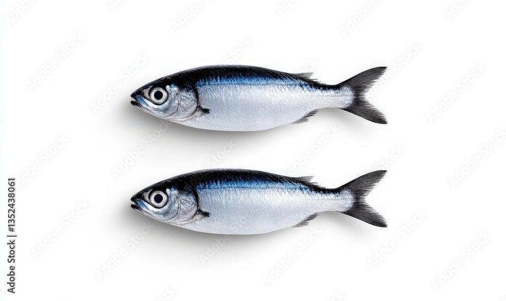 Fototapeta premium Fresh Silvery Fish with Distinctive Blue Stripes on White Background Ideal for Culinary, Health, and Seafood Related Projects