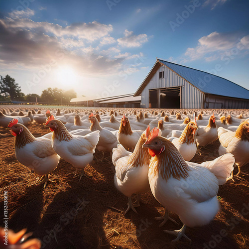 Chickens roaming freely at a farm during golden hour near a rustic barn