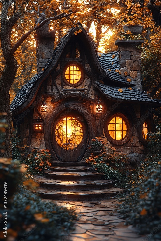 Fototapeta premium Quaint, magical cottage nestled in autumn woods, lights glow warmly