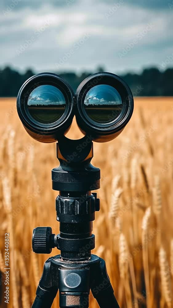 Close-up of binoculars against a golden wheat field under a cloudy sky in the early afternoon Close-up of binoculars against a golden wheat field under a cloudy sky in the early afternoon