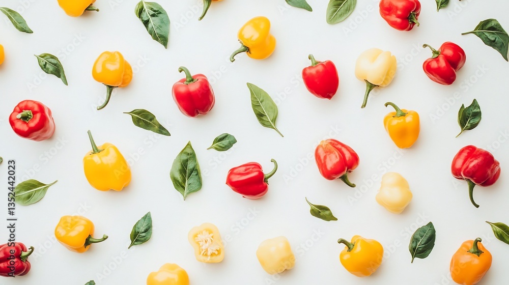 Colorful Bell Peppers and Green Leaves Scattered on White Background Colorful Bell Peppers and Green Leaves Scattered on White Background