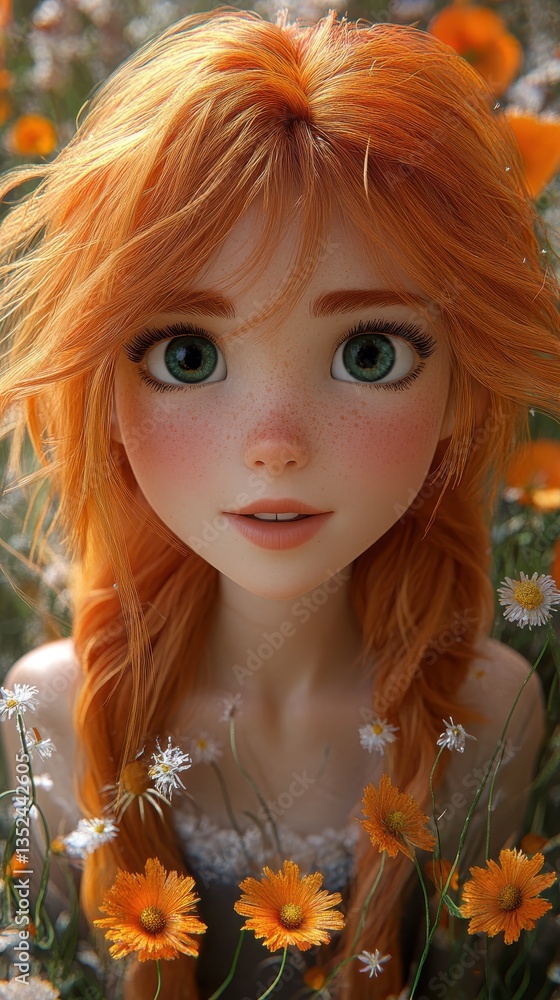 Naklejka premium Red haired girl with green eyes, surrounded by a flowery field, bright day