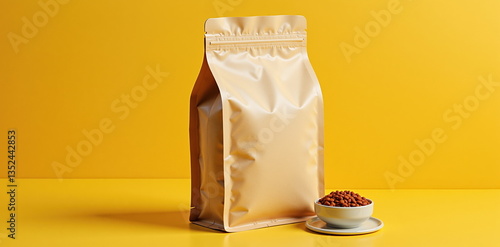 Pet Food Packaging with Bowl of Kibble on Bright Yellow Background