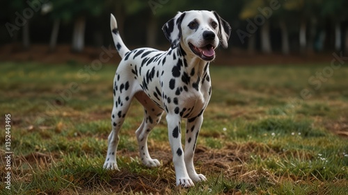 Wallpaper Mural Dalmatian stands proudly on grass, its spotted coat distinct, with blurred trees as backdrop Torontodigital.ca