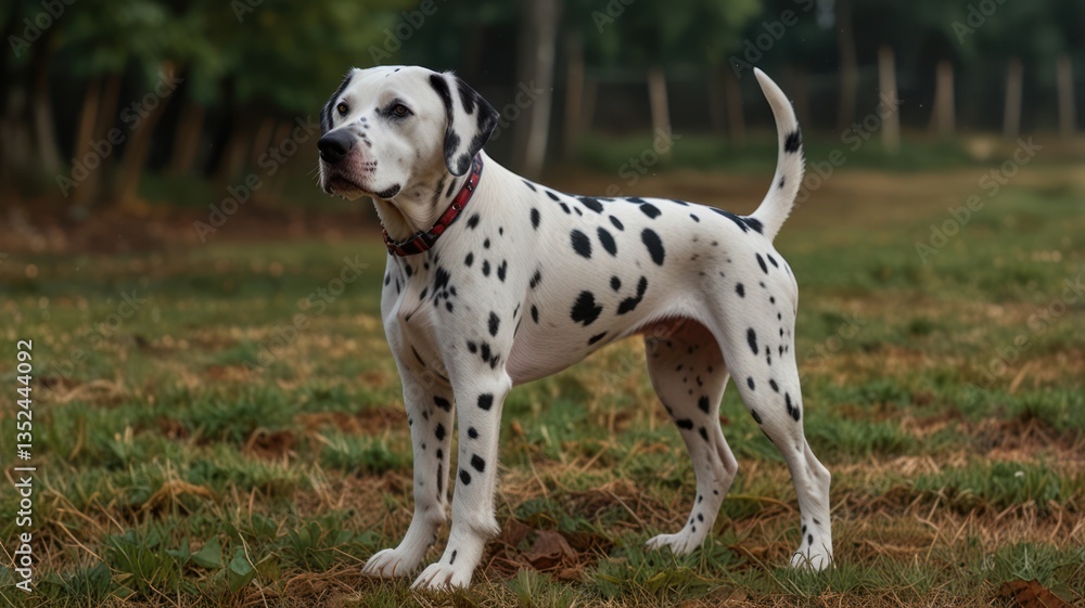 Dalmatian stands proudly on the grass, displaying its distinctive black spots Dalmatian stands proudly on the grass, displaying its distinctive black spots