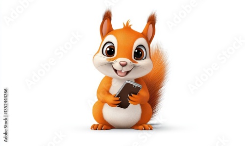 Cute cartoon squirrel with bright orange fur happily holding a smartphone, showcasing a cheerful expression against a clean white background