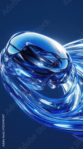 Blue abstract liquid sphere surrounded by fluid glass trails