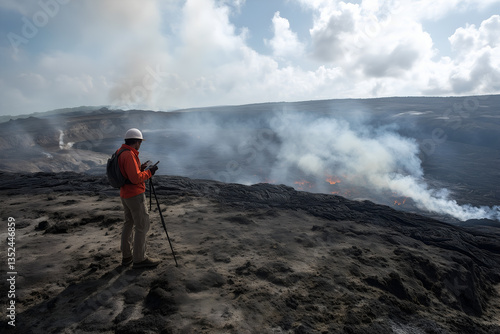 Scientist observing a volcanic landscape with the dynamic interplay of smoke, rock, and open sky