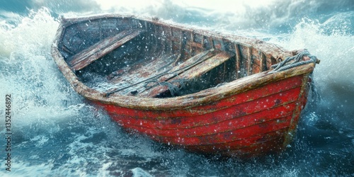 A small wooden boat battling rough waves on a choppy sea