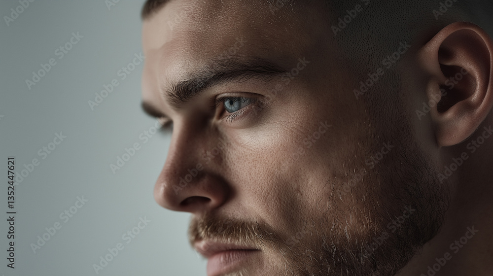 Obraz premium Close-up portrait of a man's face. the man appears to be in his late twenties or early thirties, with short blonde hair and a beard.