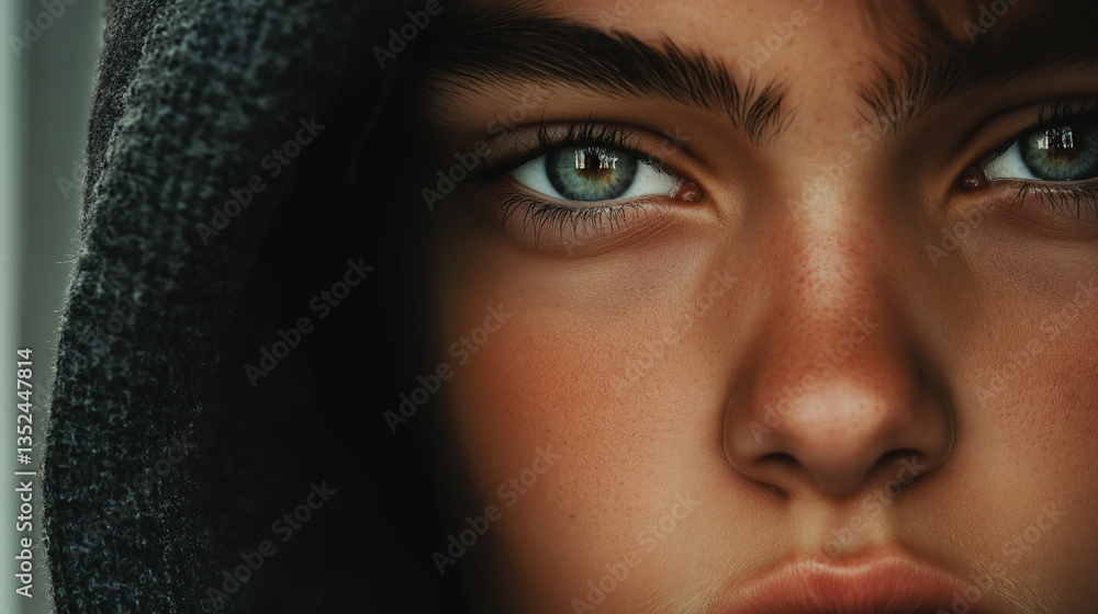 Close-up portrait of a young woman's face. she is looking directly at the camera with a serious expression. her eyes are a piercing blue color and her eyebrows are neatly groomed. Close-up portrait of a young woman's face. she is looking directly at the camera with a serious expression. her eyes are a piercing blue color and her eyebrows are neatly groomed.