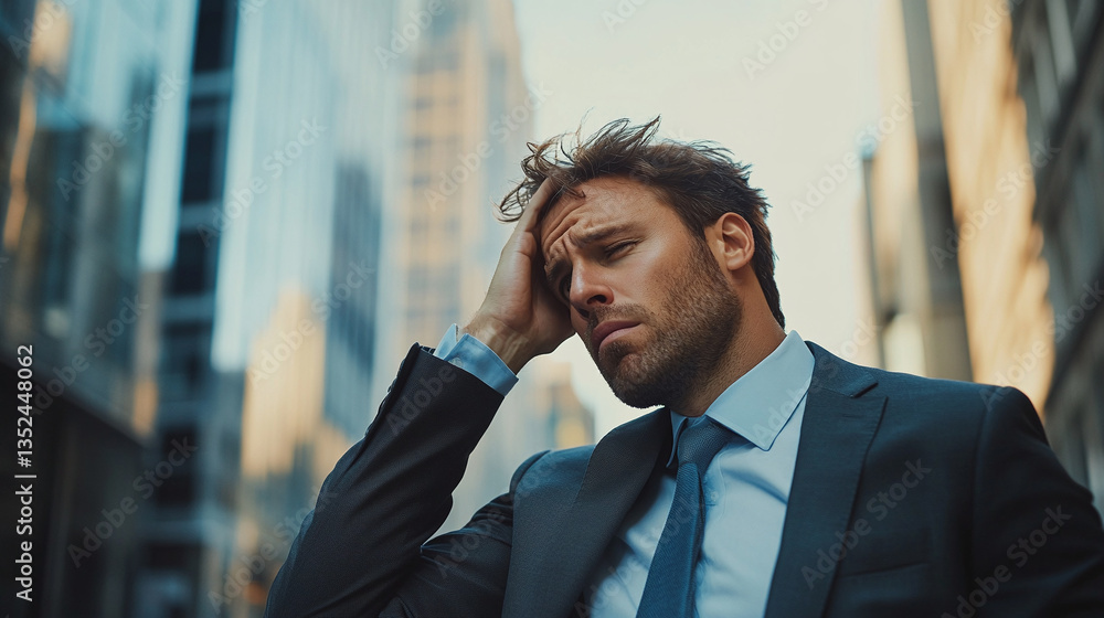 Frustrated trader or businessman in suit holding his head against skyscrapers Frustrated trader or businessman in suit holding his head against skyscrapers