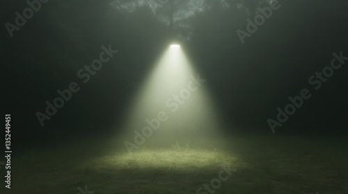 Bright spotlight shining down on a grassy field in a dark foggy forest at night.