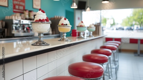 Colorful ice cream sundaes displayed on a diner counter with stools
