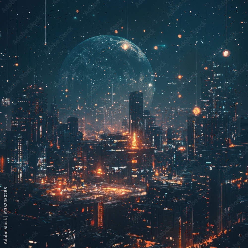 Fototapeta premium A futuristic cityscape with a large planet in the dark sky