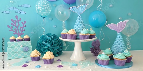 Mermaid-themed birthday party decorations with whimsical underwater elements, featuring colorful cupcakes, balloons, mermaid tails, coral accents, and enchanting aquatic-inspired decor