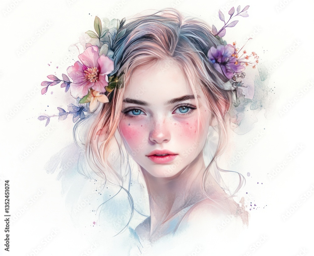 Naklejka premium A lovely woman wearing a floral crown in a soft watercolor style