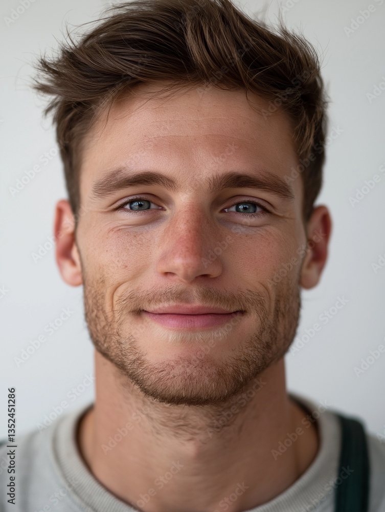 Obraz premium Close-up portrait of a young man's face. he has a slight smile on his lips and is looking directly at the camera. his hair is styled in a short, spiky cut with a side part.