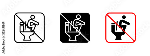 Toilet squat prohibition icon. Warning sign against improper restroom usage vector illustration. Public restroom safety and hygiene instruction for correct toilet use.