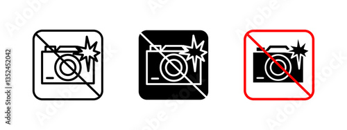 No flash photography icon. Camera with flash and prohibition mark vector illustration. Forbidden photography sign for restricted areas, security regulations and event policies.