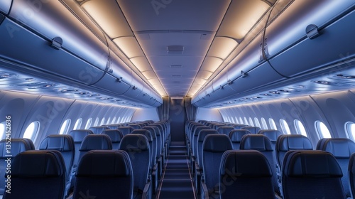 Empty Airplane Cabin with Rows of Seats and Modern Lighting