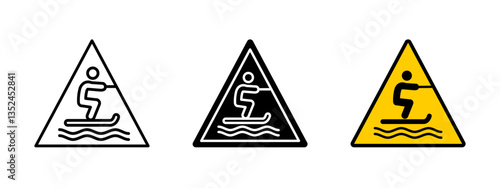 Waterski hazard icon. Water sports warning vector illustration. Safety sign for recreational skiing, speed activities and aquatic adventure caution.