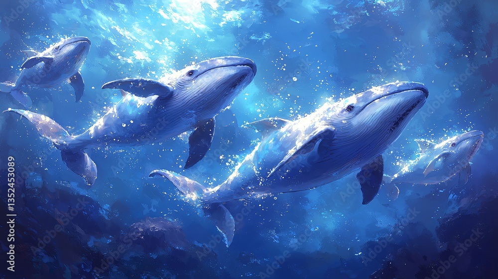 Naklejka premium Whales in a mystical underwater scene