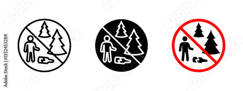 No littering icon. Prohibited waste disposal sign indicating restriction on trash dumping in natural areas. Environmental protection symbol promoting cleanliness and sustainability.