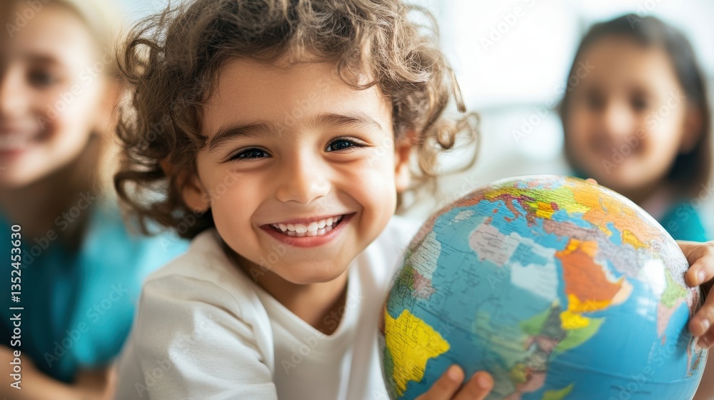 Happy Child Holding Globe with Friends in Bright Classroom Setting Happy Child Holding Globe with Friends in Bright Classroom Setting